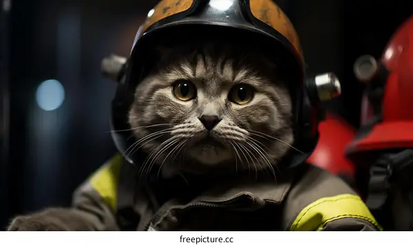 A cat wearing a firefighter's helmet and jacket