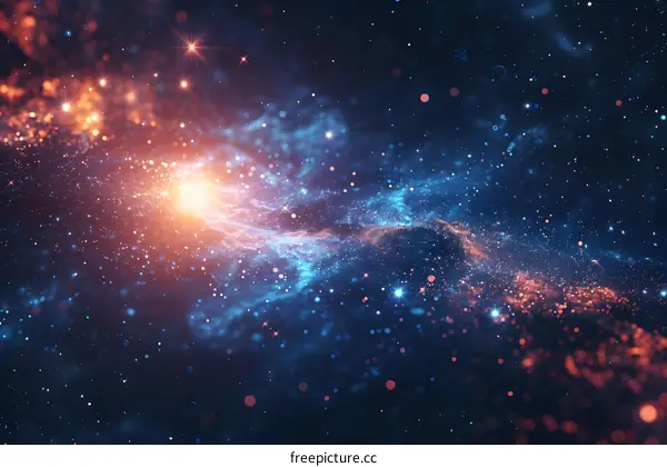 Blue and orange glowing particles in space