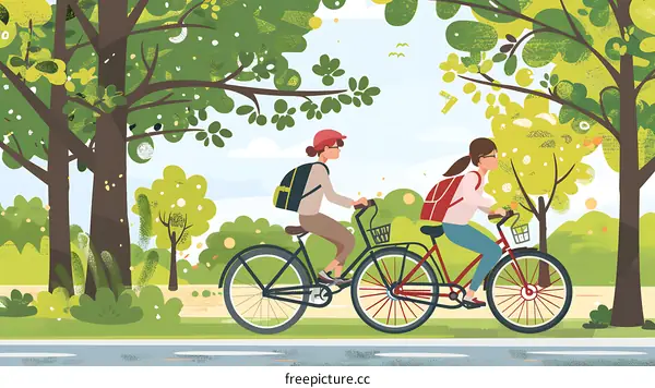 Two Girls Riding Bikes Through a Green Forest