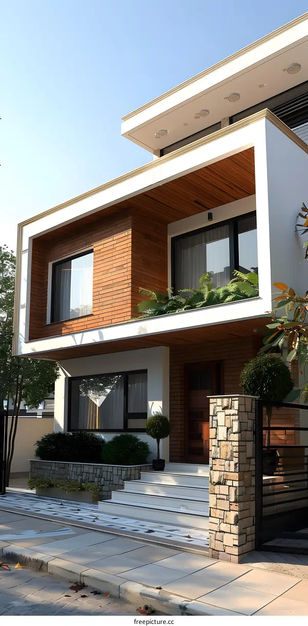 The modern design of a two-story house with a flat roof and large windows