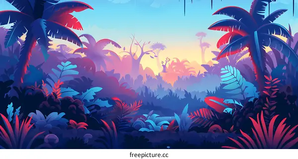 Tropical Jungle Sunset Background Illustration