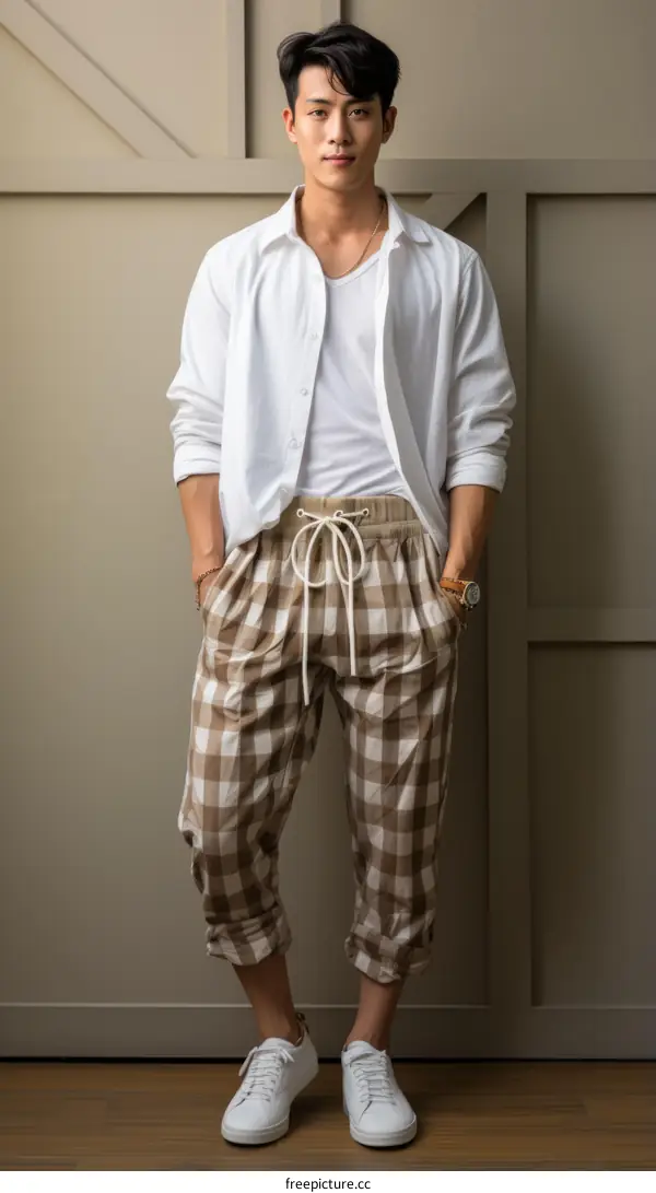 Asian man wearing white shirt and brown checkered pants