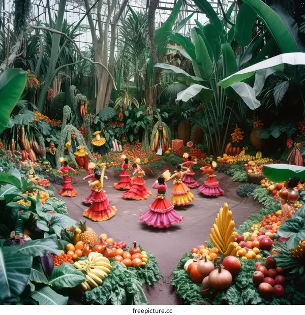 A group of dancers in colorful costumes perform in a lush tropical garden