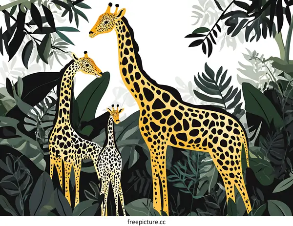 Family of Giraffes in a Jungle Setting