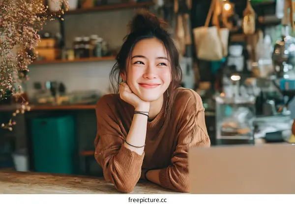 Happy Asian Woman Relaxing in a Cafe