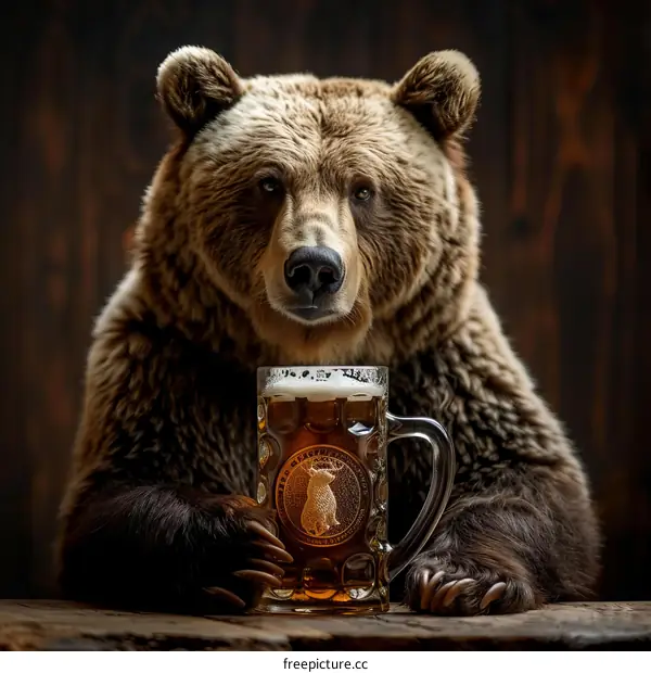 A large brown bear is sitting at a wooden table holding a glass beer mug with its paws