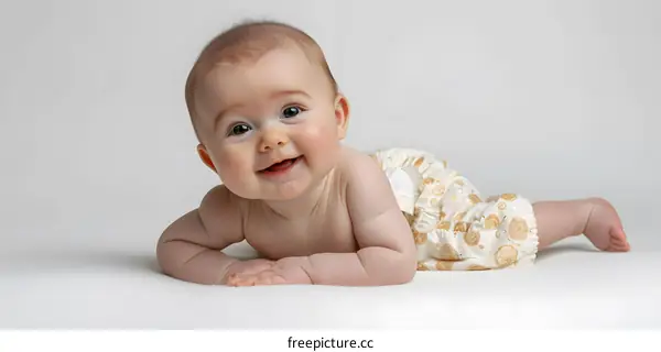 A smiling baby with brown hair and eyes, wearing a diaper, lying on a white blanket