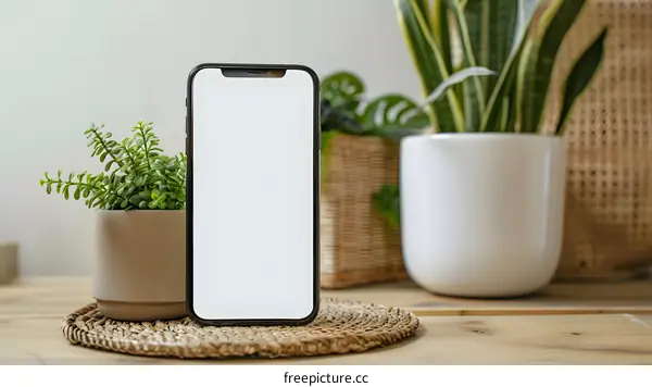 Blank Screen Smartphone Mockup On Wooden Table With Green Plants