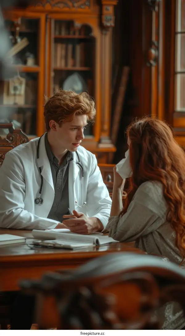 Doctor and patient having a consultation in a vintage library