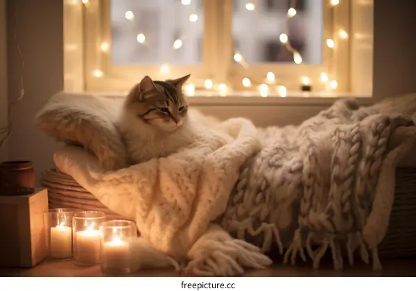 A ginger cat is lying on a white blanket near a window.