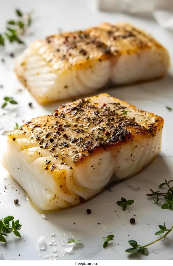 Two Pieces Of Roasted Cod On A White Plate
