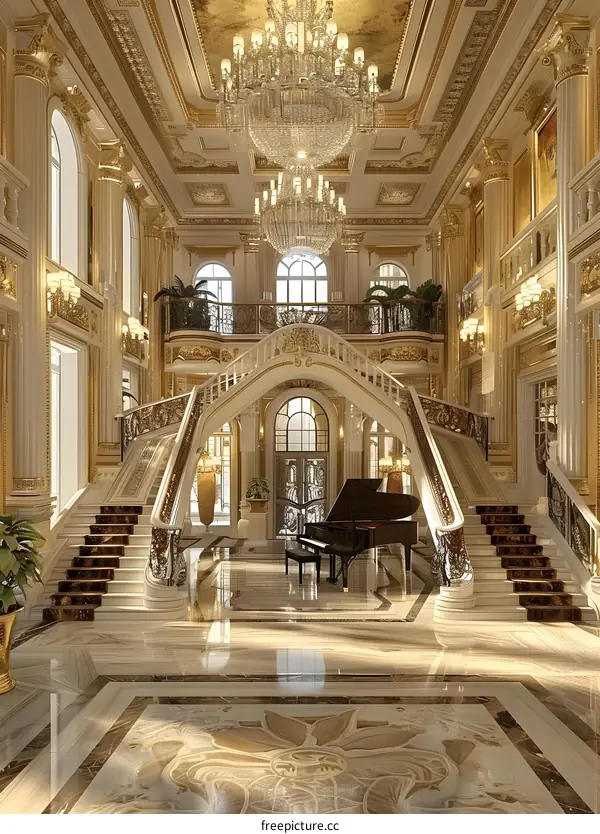 Luxury Interior Design With Grand Staircase And Chandelier