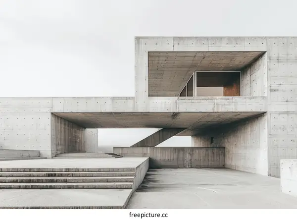 Geometric Brutalist Concrete Building with Open Spaces
