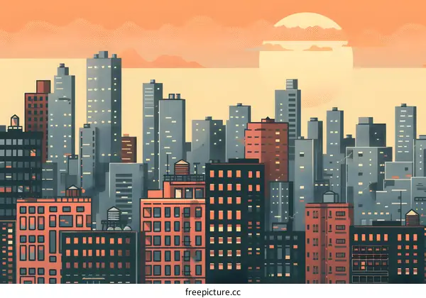 Cityscape at Sunset in Pixel Art Style