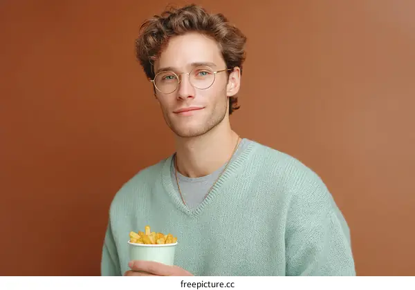 Young Man Holding French Fries Portrait