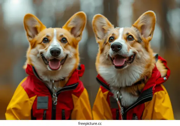 Two happy corgis wearing jackets in the rain