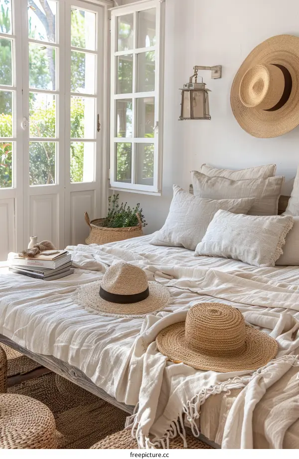 A bedroom with a bed, a window, and a door