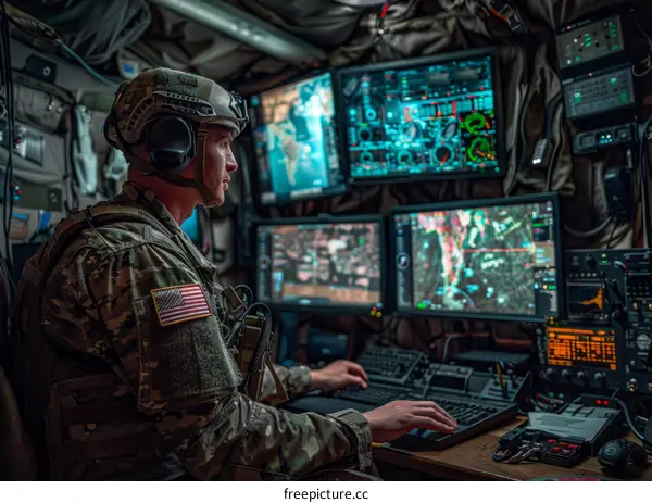 Soldier in Camouflage Uniform Using Technology in Tent