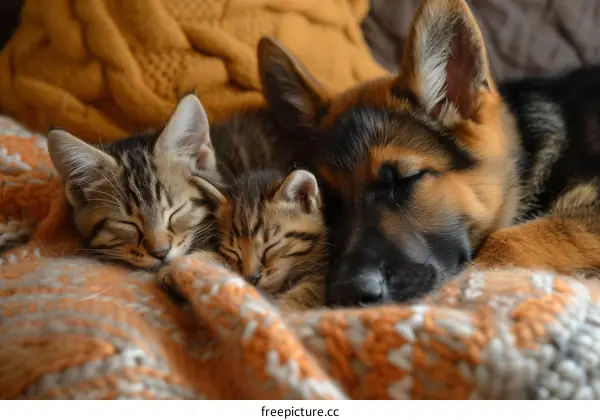 A German Shepherd puppy sleeping with two kittens