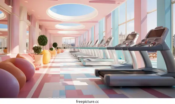 pastel pink and blue gym with treadmills and large windows