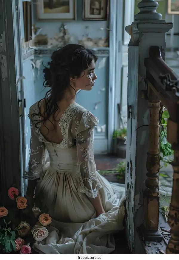 A woman wearing a Hanfu is sitting in a flower field beside the stairs, looking thoughtful