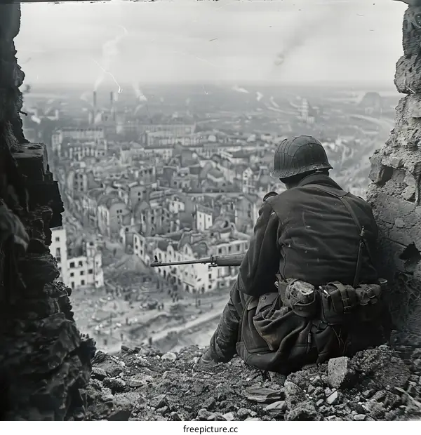 A German soldier looks over the ruins of Stalingrad, 1943