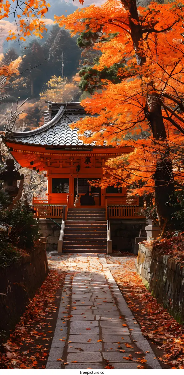 Japanese temple surrounded by trees with red leaves in autumn