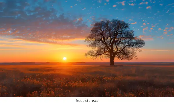 Lonely Tree in a Field of Flowers During Sunset