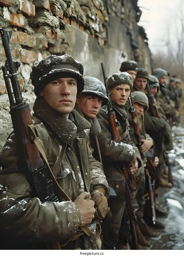 A group of soldiers standing in front of a brick wall.