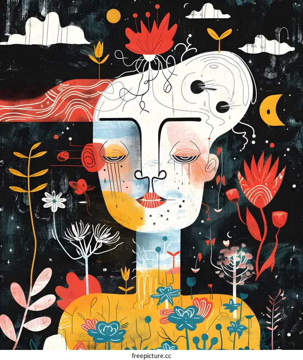 Abstract Portrait With Flowers Growing From Head