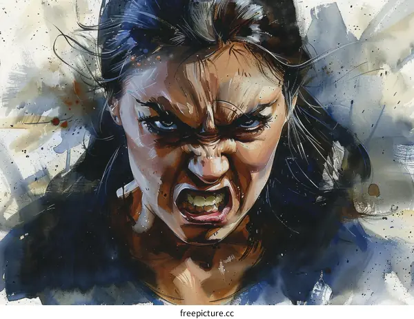 A womans face with a fierce expression