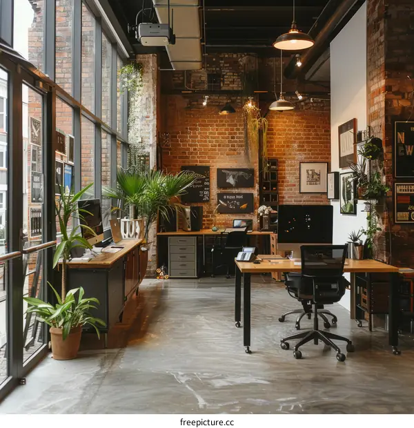 workspace with brick walls and large windows