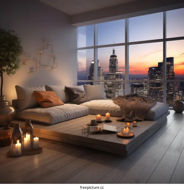 A cozy living room with a beautiful view of the city
