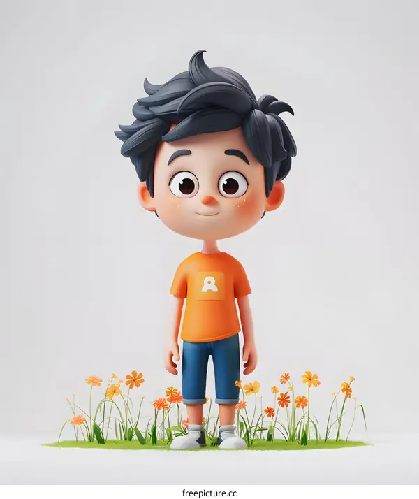3D rendering of a cute cartoon boy standing in a field of flowers