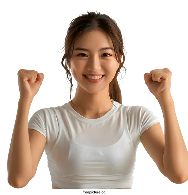 [Transparent Background PNG]Portrait of a Young Asian Woman Cheering
