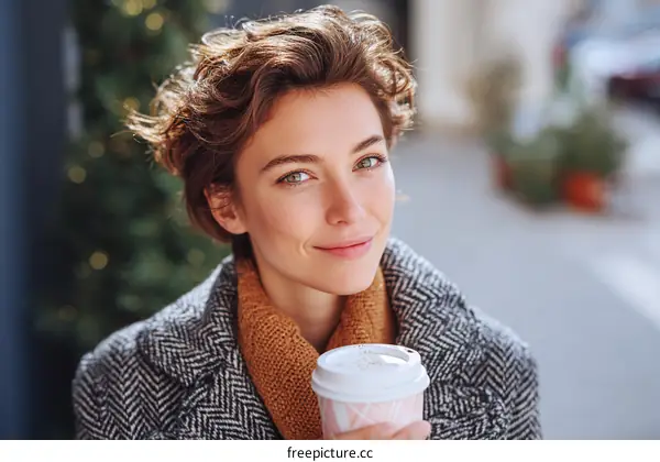 Woman enjoying a coffee outdoors in winter