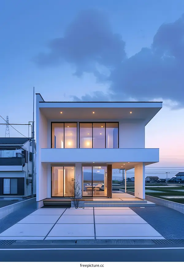 Modern White House with Large Windows in a Suburban Area