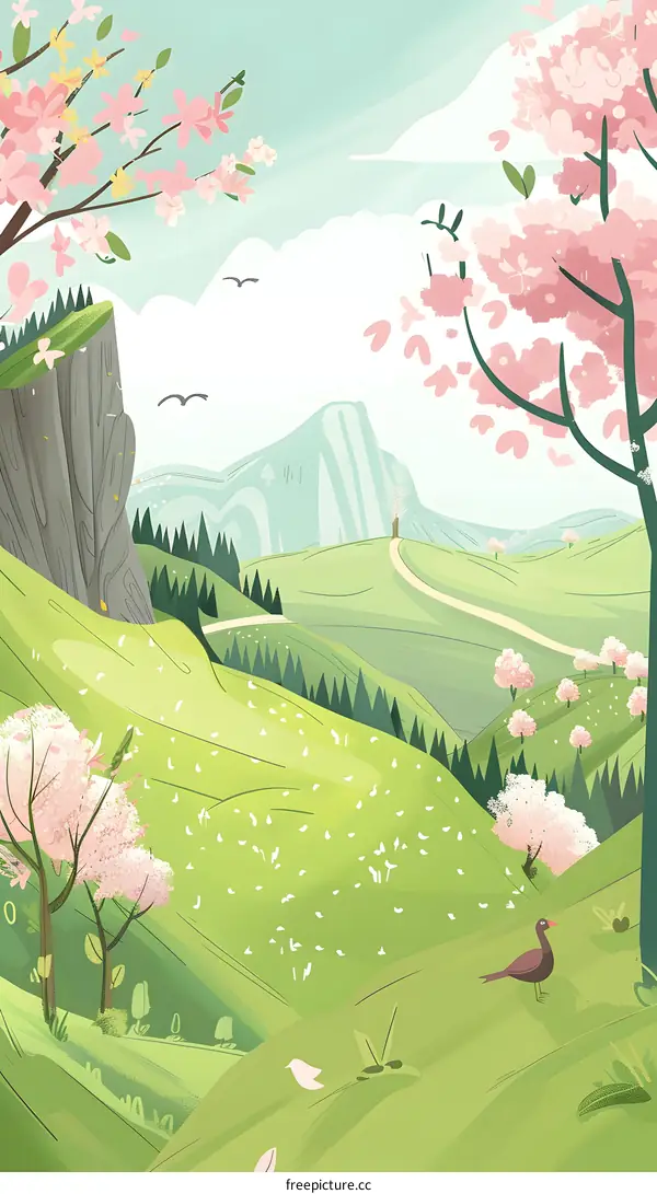 Spring Landscape Illustration with Cherry Blossoms and Bird