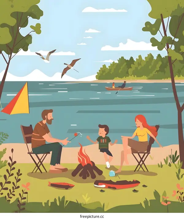 Family Camping Trip by the River with Bonfire