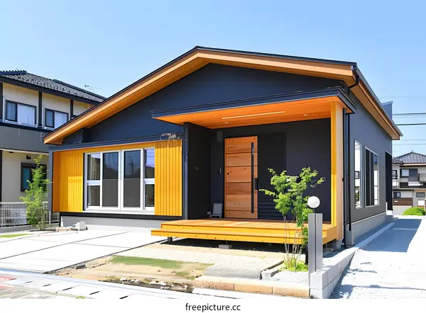 Modern Black and Yellow House with Wooden Door and Porch