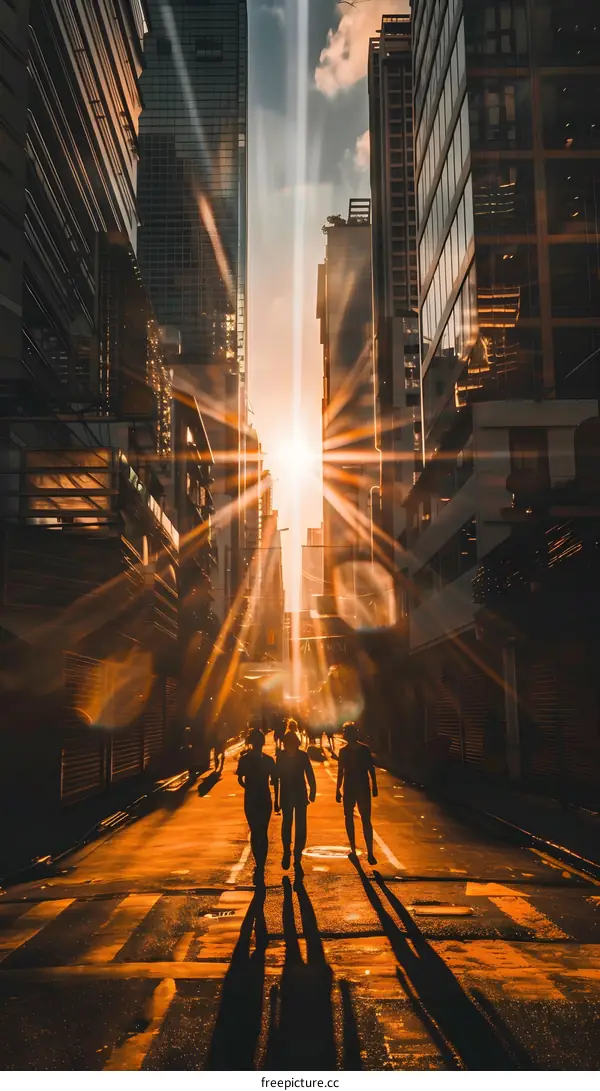 Silhouettes of People Walking in a City Street with the Sun Shining Brightly