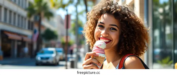 Happy Woman Eating Ice Cream on a Sunny Day in the City