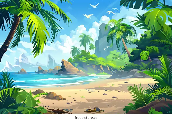 Tropical Beach Landscape with Palm Trees and Blue Sky