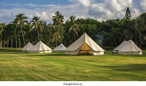 Palm trees and large white tents on a grassy field