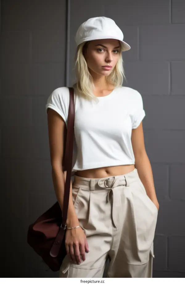 Portrait of a young woman wearing a white cap and beige pants