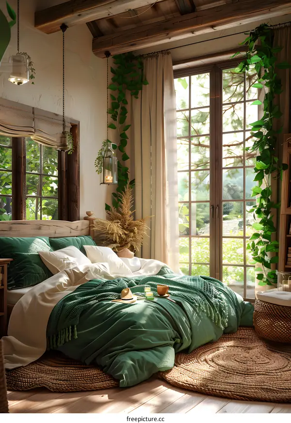A bedroom with a green bed, a straw rug, and a lot of plants.