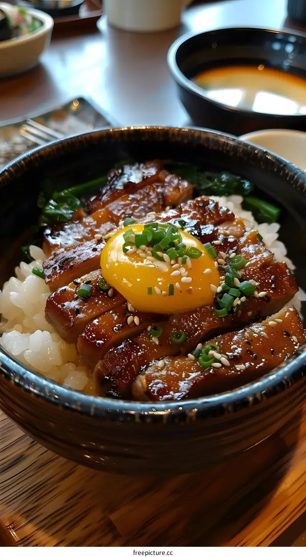 Japanese Food Dish with Pork, Rice, Egg Yolk, and Green Onions