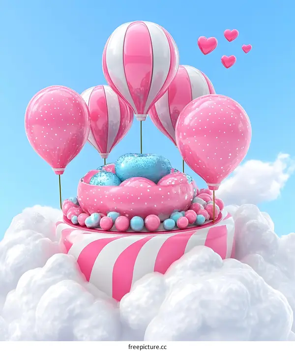 Pink and Blue Balloons on a Cloud with Hearts