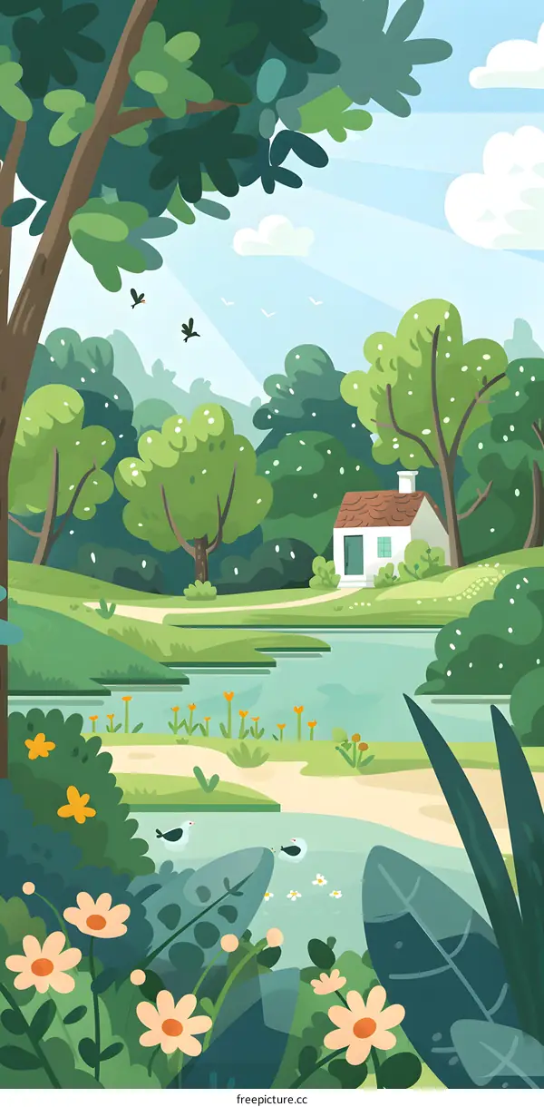 Cartoon Illustration of a House in a Green Forest
