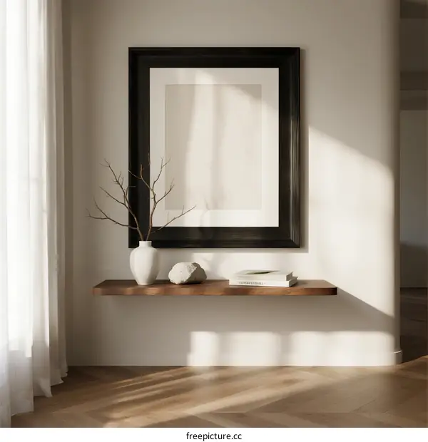 Minimalist living room with empty picture frame and wooden shelf